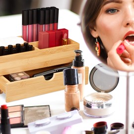 Relaxdays Bamboo Cosmetic Organiser, Multifunctional, 4 Compartments & Drawer, Jewellery Box, Organiser Box, Office, Natural, 11 x 27 x 15 cm