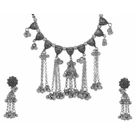 Indian Antique Afghani Silver Oxidized Ghungroo Boho Gypsy Tribal Statement Tassel Chain Choker Thread Necklace Jewelry Set