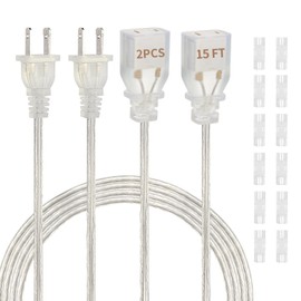 Zlierop 2 Pack 15 Ft Clear Extension Cord, UL-Certified Thin Extension Cord, 2 Prong Extension Cords, Male to Female Extension Cable 250V 10A, Indoor Extension Cords for Lighting
