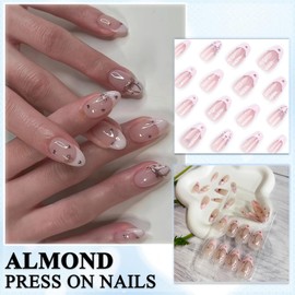 Virellay Almond Fake Nails, Artificial Fingernails, Press On Nails Almond (French Bow, 24 Pieces)