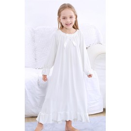 CHUNG Little Girls Vintage Victorian Nighties Long Sleeve Lace Round Neck Nightdress Princess Nightgown Cream, 10-12 Years