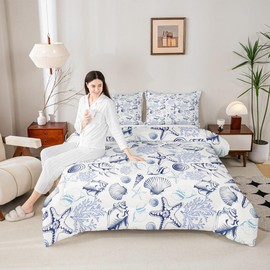 Homewish Coastal Comforter Set King Size,Beach Seashell Starfish Coral Bedding Set 3Pcs,Sea Ocean Theme Quilt Set for Kids Teens Adult Bedroom Decor,Navy Sketch Nautical Duvet Insert,2 Pillowcases