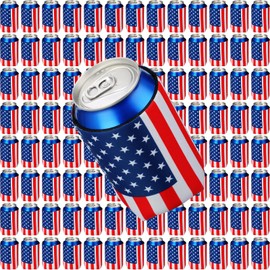 100 Pack American Flag Beer Can Cooler Sleeves 4th of July Blank Can Sleeves Independence Day Insulated Sublimation Can Cooler Bulk Collapsible Reusable Drink Cooler for Party, Red, White and Blue