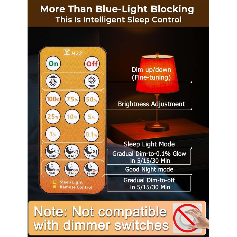 Wivety Sleep Light Bulbs Amber 1600K with Remote Control, E26