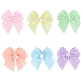 Meseey 60Pcs Mini Pastel Satin Ribbon Bows with Pearl 2 Inch Flowers Appliques DIY Craft for Sewing, Scrapbooking, Wedding, Gift,Christmas Decoration (Pastel Set, 2 Inch)