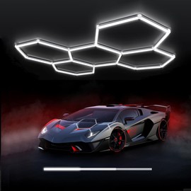 Dimmable Hexagon Garage Lights: 20% 50% 100% Dimmable LED Gerage Hexagon Lights 21000lm Super Bright Car Detailing Ceiling LED Shop Light for Warehouse Workshop Gym Basement Car Care Wash Room