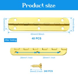 xianzhanEU Pack of 40 Stainless Steel Mini Hinges Foldable with 240 Screws for Home Furniture Hardware Cabinet, Window and Cabinet Doors (Gold)
