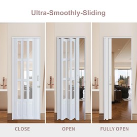 CCBOYSHARDWARE 30X80in Accordion Door with Clear Panels, Interior Folding Door for Closet Includes Hardware and Lock, White Multifold Interior Doors