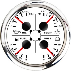 ARTILAURA 4In1 AUTO Gauge Oil Pressure Water Temp 240-33ohm/0-190ohm Fuel Gauge Volt 85mm 3 3/8" Multifunctional Electric Meter for Car Marine Boat (White)