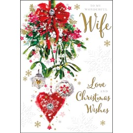 Jonny Javelin Wonderful Wife Christmas Card - Mistletoe Bouquet and Baubles Embossed with Foil and Flitter Details