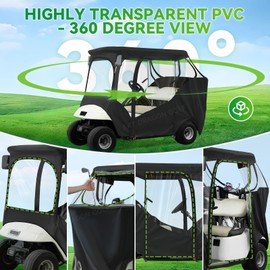 Panglong 2 Passengers EZGO Enclosure-600D, Multifunctional Polyester Rain Cover with Openable Front Windshield, 2 Door Zippers, 4 Side Clear Window and Windproof Hooks, Fit EZGO TXT RXV Cart