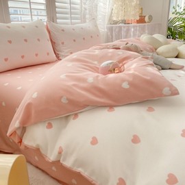 Freyamy Bed Linen 135 x 200 cm 2-Piece White Pink Heart Girls Bedding Sets Romantic Love Bed Linen 100% Microfibre Love Motif Duvet Cover with Zip and Pillowcase 80 x 80 cm