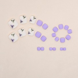 Purple Press on Toenails Short Square Fake Toenails Flower False Toenails Full Cover Matte Acrylic Toe Nails Spring Summer Glue on Toe Nails Green Purple Floral Leaf Stick on Toenails for Women 24Pcs