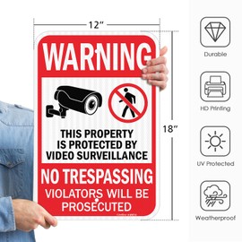 GicnKeuz Large No Trespassing Private Property Sign Video Surveillance Sign, 18x12 Inches, Engineer Grade Reflective Aluminum, Weather Resistant, Waterproof, Fade Resistant, 2 Pre-drilled Holes (2 Pack)