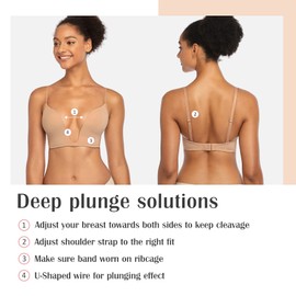 DotVol Women's Deep Plunge Convertible Push up Low Cut Seamless U Bra(40C, Beige)