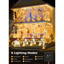 Solar String Lights for Outside, 2-Pack 200LED 78FT Total Solar Lights Outdoor IP65 Waterproof Solar Powered Lights with 8 Lighting Modes for Party Garden Yard Holiday Tree Decoration, Warm White