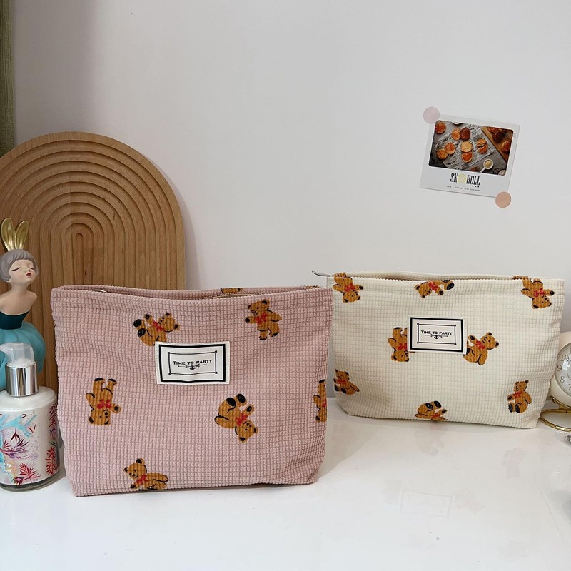 Gidary Cosmetic Bag Makeup Bag Preppy Cute Teddy Bear Corduroy