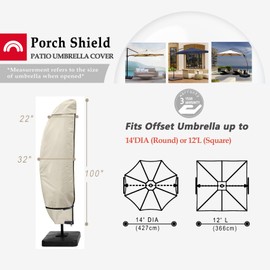 Porch Shield Patio Umbrella Cover - Outdoor Waterproof Garden Offset Banana Parasol Cover Fits Cantilever Offset Umbrella 12-14 Feet, Beige