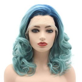 Meiyite Hair Wavy Shoulder Length 16inch Blue Root Light Blue Ombre Half Hand Tied Heat Resistant Synthetic Lace Front Wigs