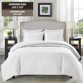 Comfort Spaces King Quilt-All Season Bedding, White Bedspread with Double Sided Stitching Design, Soft Summer Blanket Matching Shams Coverlet Kienna Collection (120"x118") 3 Piece