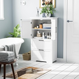 Onelike Small Bathroom Storage Cabinet, Freestanding Bathroom Floor Cabinet with 2 Doors and 2 Drawers, for Living Room, Kitchen, Hallway, Home Office, White
