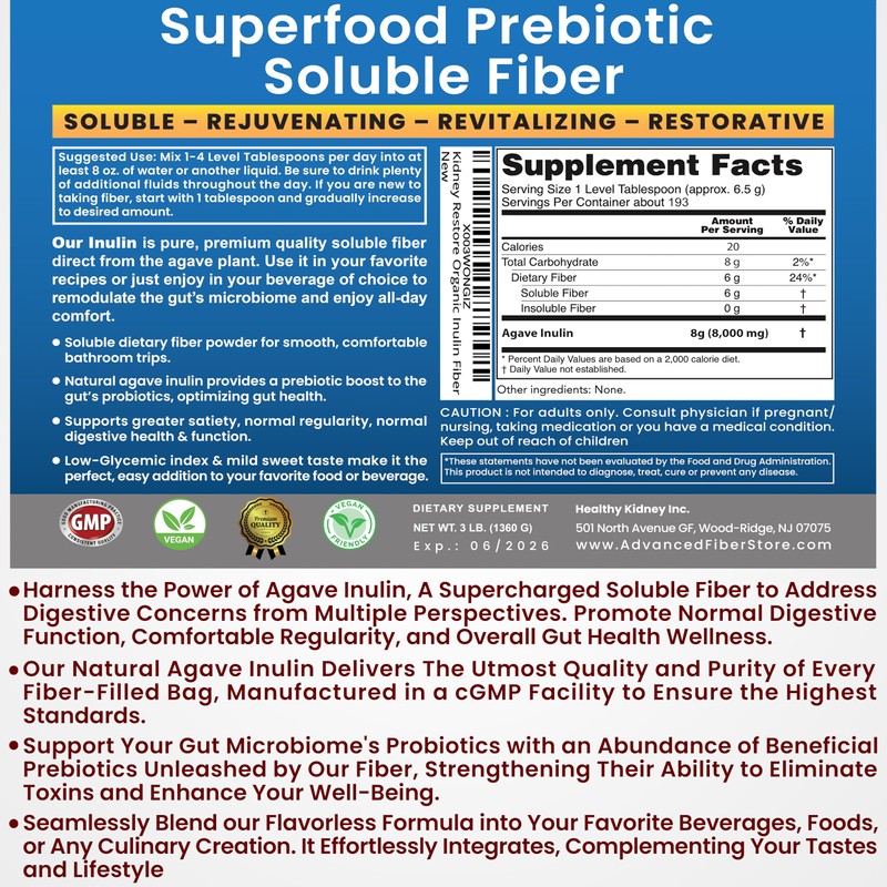 Organic Inulin Powder (48oz/3 lbs) Gentle Agave Prebiotic Soluble Fiber