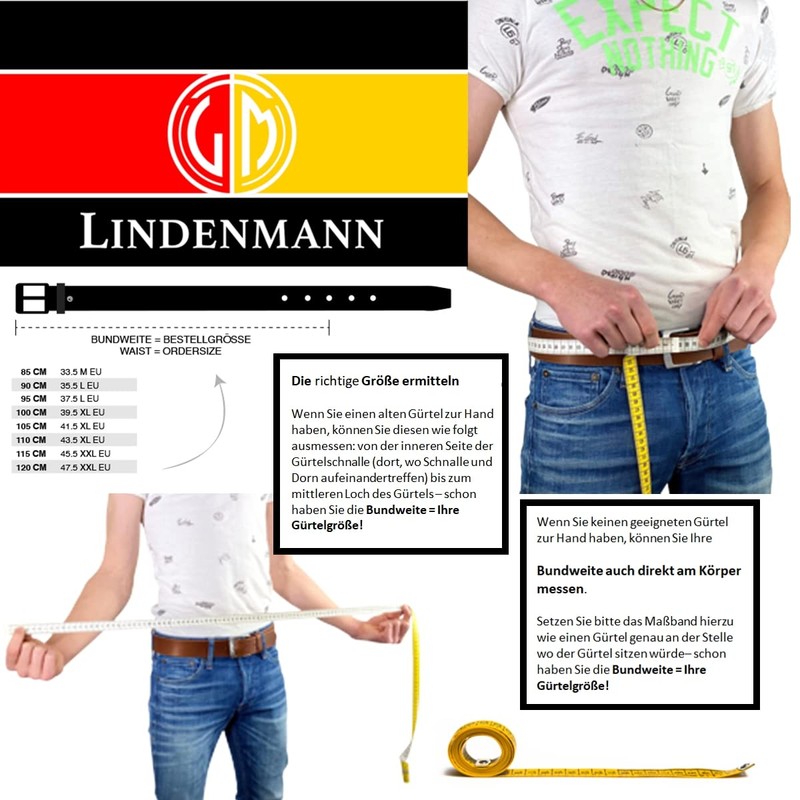 LINDENMANN Men's Leather Belt, Full Cowhide Leather, Buffalo Leather, 4