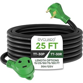 RVGUARD 30 Amp 25 Foot RV Extension Cord, Heavy Duty 10/3 Gauge STW Cord with LED Power Indicator and Cord Organizer, TT-30P/R Standard Plug, Green, ETL Listed