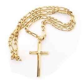 ADORATO JEWELRY 24K Gold Figaro Chain Style Cross Pendant Necklace 5mm Cross Necklace Clasp for Men, Husband Thin for Charms Miami Cuban Link Diamond Cut Religious Beveled Edge (22)