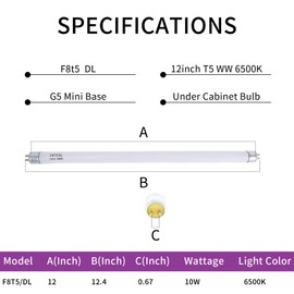 Accway (6 pack) F8T5/DL 6500K 12’’ Linear Fluorescent Light Bulb, 8W Day Light T5 Tube, F8T5/D Bright White Lamp G5 Base Replacement for Under Cabinet Light, RV, Closet
