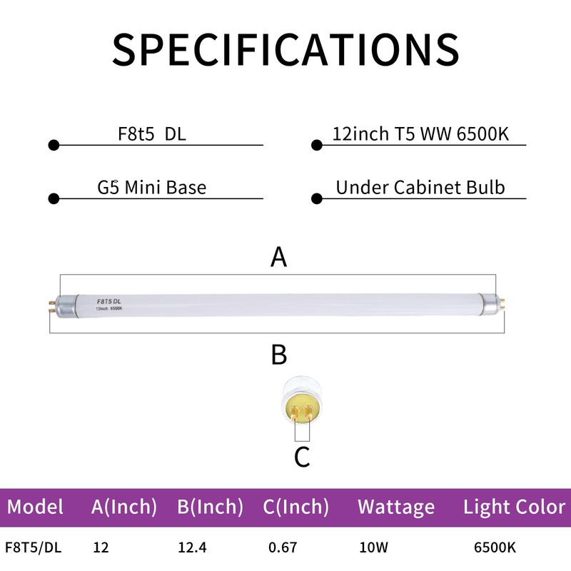 Accway (6 pack) F8T5/DL 6500K 12’’ Linear Fluorescent Light Bulb,