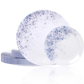 U-QE 20Pcs Blue Plastic Plates - Plastic Plates Disposable Heavy Duty, Fancy Indigo Speckle Pattern Perfect for Weddings, Tea Parties, Holidays - 10.25" Dinner & 7.5" Dessert