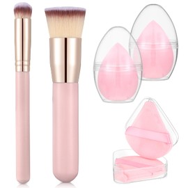 6Pcs Foundation Brush for Liquid Makeup,Liquid Foundation Brush with Makeup Sponge and Powder Puff for Foundation, Powder, Blush,Concealer(Pink)