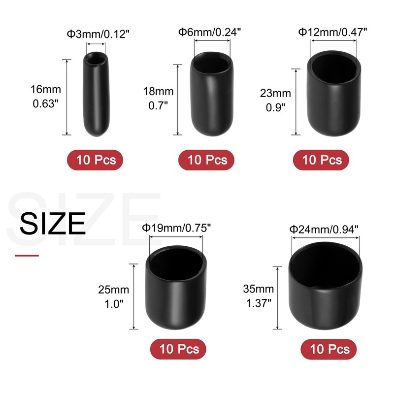 sourcing map 50pcs Round Rubber End Caps 3mm 6mm 12mm