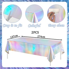 2Pcs 137x274cm Rainbow Tablecloth for Iridescent Party Decorations,Plastic Holographic Table Cloths Foil Table Cover Metallic Disco Tablecloth for Birthday,Christmas Rainbow Picnic Party Decorations