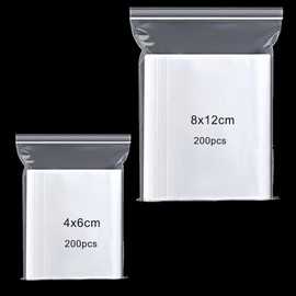 Set of 400 Ziplock Bags, Resealable Set, 4 x 6, 8 x 12 cm, Small Zip Bags, Ziplock Bags, Transparent PE Poly Bags, Clear Plastic Bags, Zip Bags