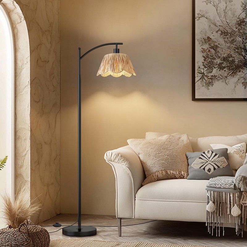Oneach Boho Rattan Floor Lamp for Living Room, Farmhouse Standing
