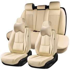 BWTJF Car Seat Covers Full Set, Front and Rear Seat Covers for Cars, Waterproof Leather Auto Seat Protectors with Head Pillow, Car Seat Cushions Fit for Most Sedans SUV Pick-up Truck, Beige