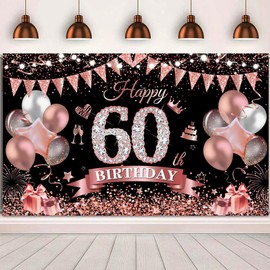 60th Birthday Banner Rose Gold Black Decoration 60th Birthday Women 60th Background Banner 60 Years Birthday Banner for 60 Women Birthday Party Decoration