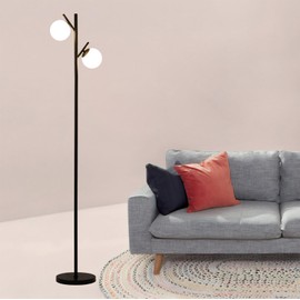 Fiqevs 2 Globe Modern Black Floor Lamp for Living Room, Contemporary Mid Century Standing Lamp with Frosted Glass Shade & 3000K LED Bulbs, Tall Floor Light for Bedroom, Office, Study Room