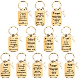 12 Pcs Christian Keychain Gifts Bible Verse Keychain Religious Cross Baptism Gift for Women Men Faith Inspirational Keychain (Gold)