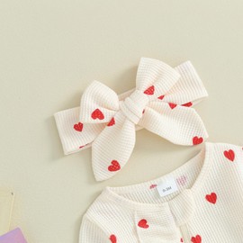 Filgriox My First Valentines Day Baby Girl Outfit Newborn Footie Romper Heart Bodysuit + Headband Infant One Piece Outfit (Beige, 3-6 Months)
