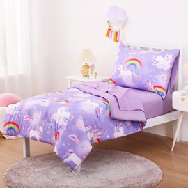 Wake In Cloud - Toddler Bedding Set for Girls, Colorful Unicorn Castle Rainbow, 4 Pieces Soft Crib Bed Set Including Comforter, Sheets and Pillowcase, Purple