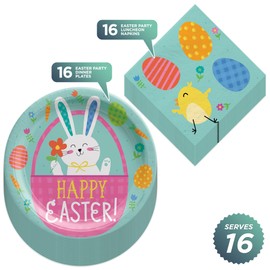HOME & HOOPLA - Easter Party Bunny and Chick Springtime Paper Dinner Plates and Lunch Napkins (16 Plates & Napkins)