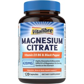 Vitalibre Magnesium Citrate Complex Supplement, 420 mg Elemental Magnesium, Vitamins D3 & B6, Bone Health, Relaxed Brain, Nerves, Enhanced Absorption with Black Pepper, 120 Capsules, Non-GMO