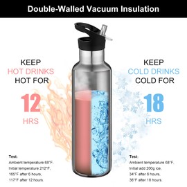 Volhoply Silver Stainless Steel Water Bottles,24 Ounce Vacuum Insulated Double Wall Travel Bottle with Leak-Proof Straw Lid of Handle,Metal Reusable Standard Mouth Flask Thermoses for Hikers,Gift