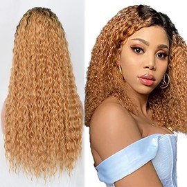 1B27 Human Hair Wig Ombre Tow Tone Brazilian Remy Hair Glueless Wig Kinky Curly Wave Wig Wet and Wavy Hair Wig Top Swiss Lace with Baby Hair Wig 16 Inches