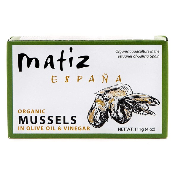Matiz Espana Organic Mussels in Extra Virgin Olive Oil and Apple Cider Vinegar (2 tins of 4 oz.) From the Coast of Galicia, Spain