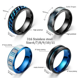 Ronglry 4Pcs Titanium Stainless Steel Spinner Rings Fidget Band Rings for Women Men Black Ring Stress Rings Anxiety for Rings Cool Chain Spinner Rings for Men Wedding Promise Rings Set Size6-11,