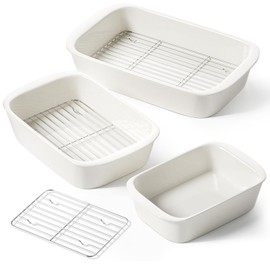 LE TAUCI Deep Casserole Dishes for Oven, 13.7”x9.6” Ceramic Baking Dish Set with Roasting Racks, Large Lasagna Pans with Handles, Rectangular Bakeware as Gift for Mom, White (4.6QT/3.0QT/1.6QT), Set of 3